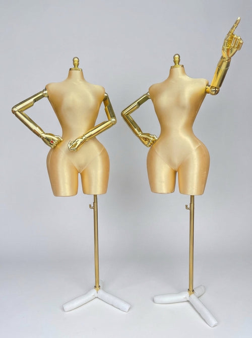 Champagne Satin Female Torso Mannequin with Articulated Gold Arms (Standard / Medium)