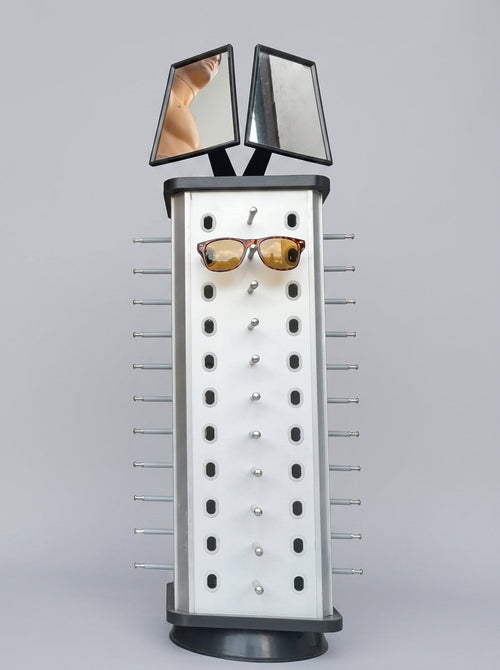 Rotating Eyewear Stand with Dual Mirror – White & Black