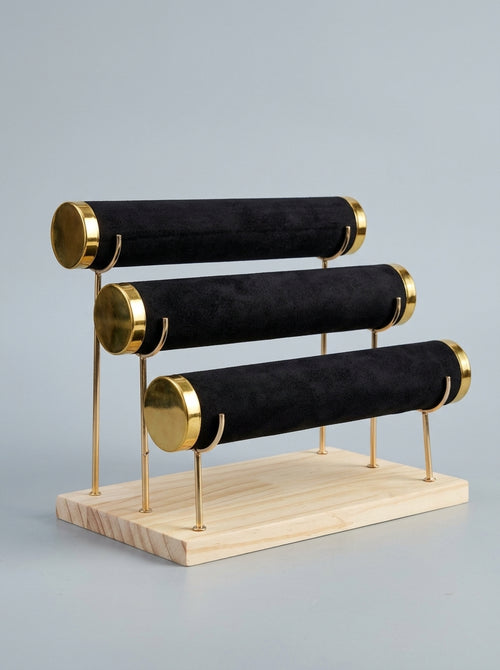 3-Tier Velvet T-Bar Bracelet, Bangle & Watch Display Stand (Gold Caps – Wood Base)