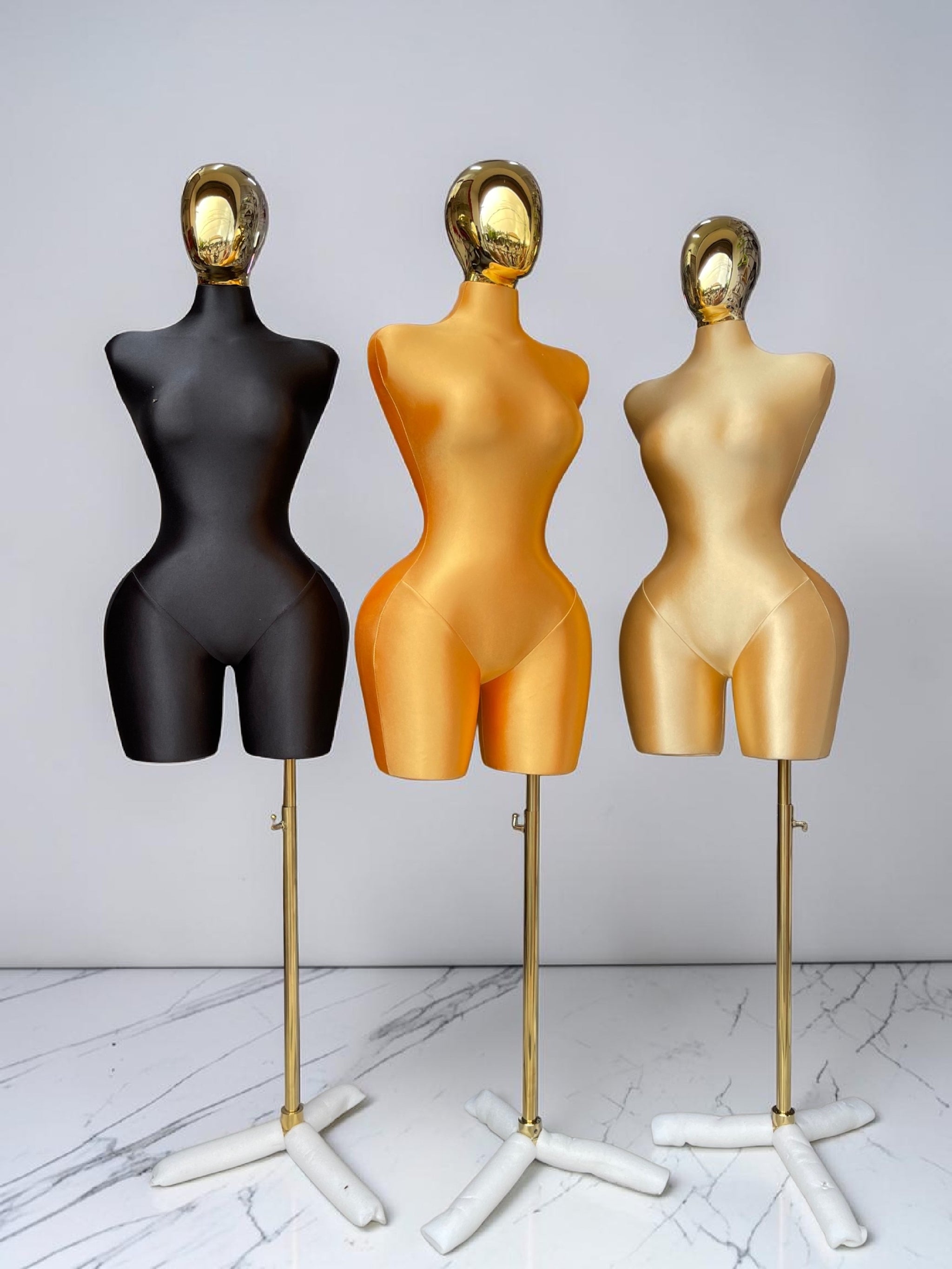 Female Hourglass Satin Torso Mannequin with Abstract Gold Head