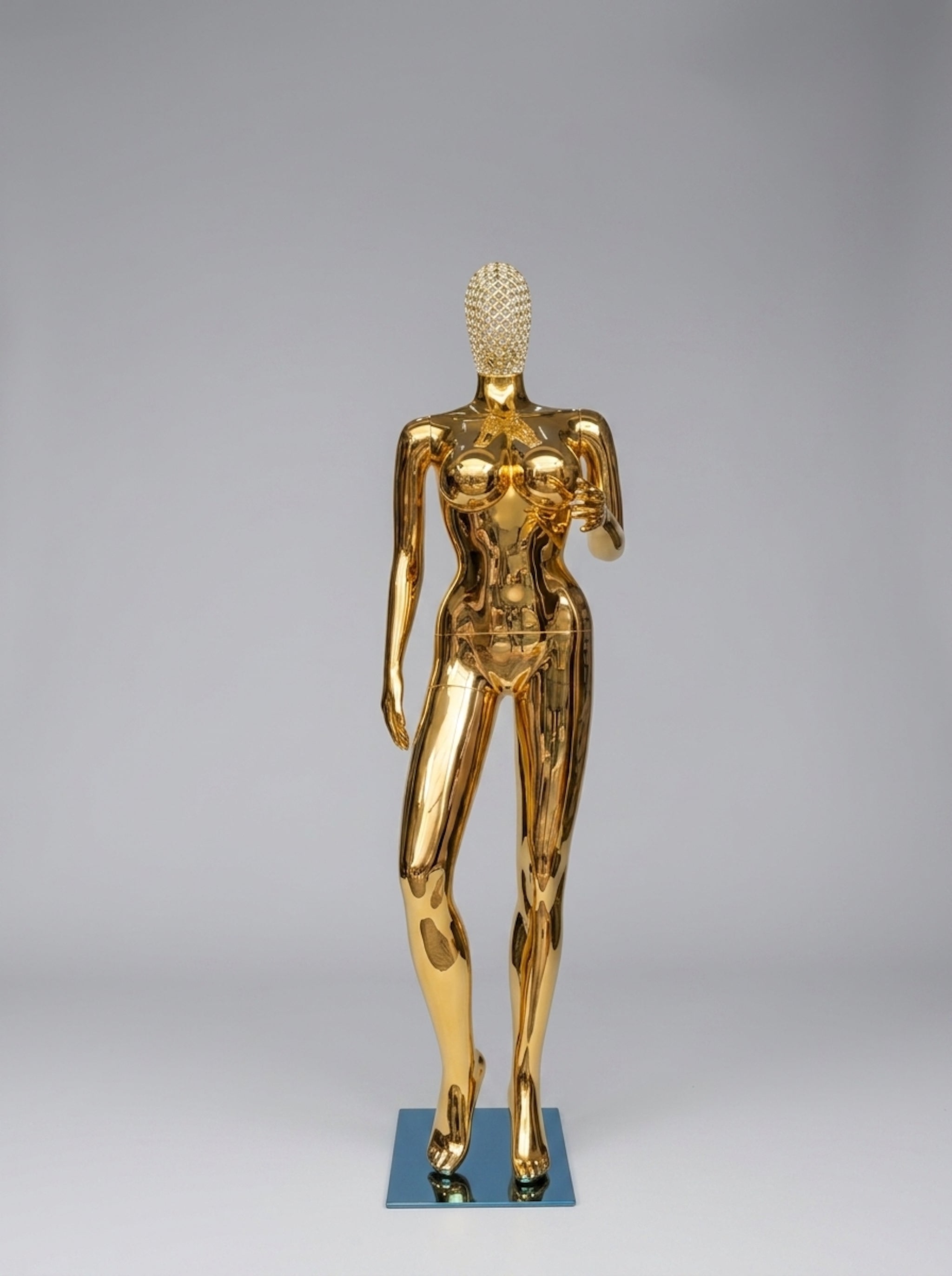 Female Gold Chrome Full-Body Mannequin with Rhinestone Mask Head (Size: Standard / Medium)