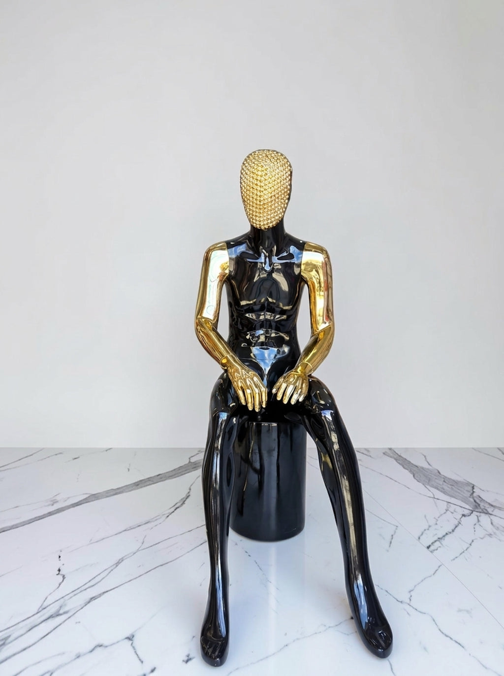 Male High-Gloss Black Sitting Mannequin with Rhinestone Mask and Metallic Arms