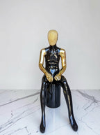 Male High-Gloss Black Sitting Mannequin with Rhinestone Mask and Metallic Arms
