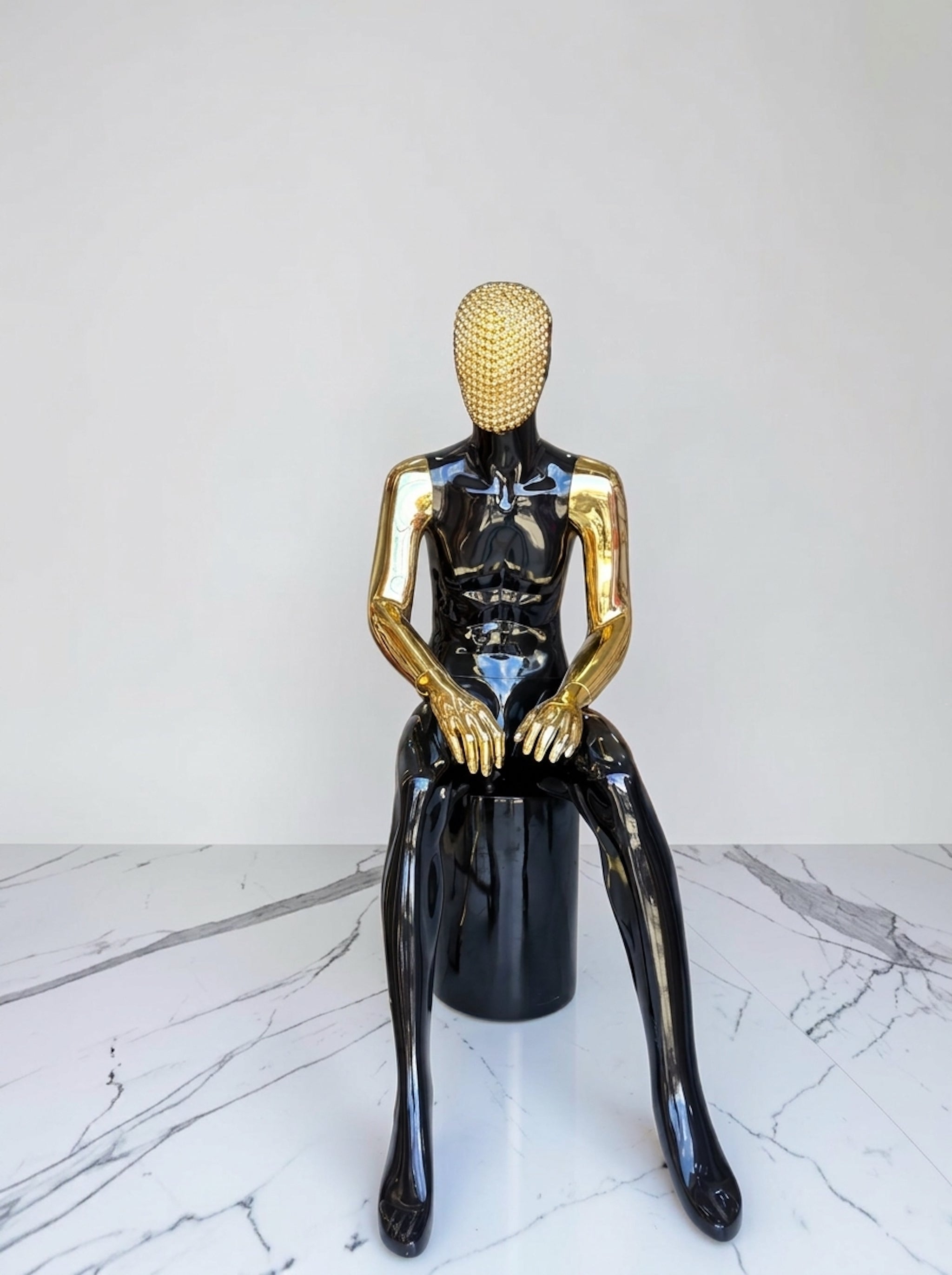Male High-Gloss Black Sitting Mannequin with Rhinestone Mask and Metallic Arms