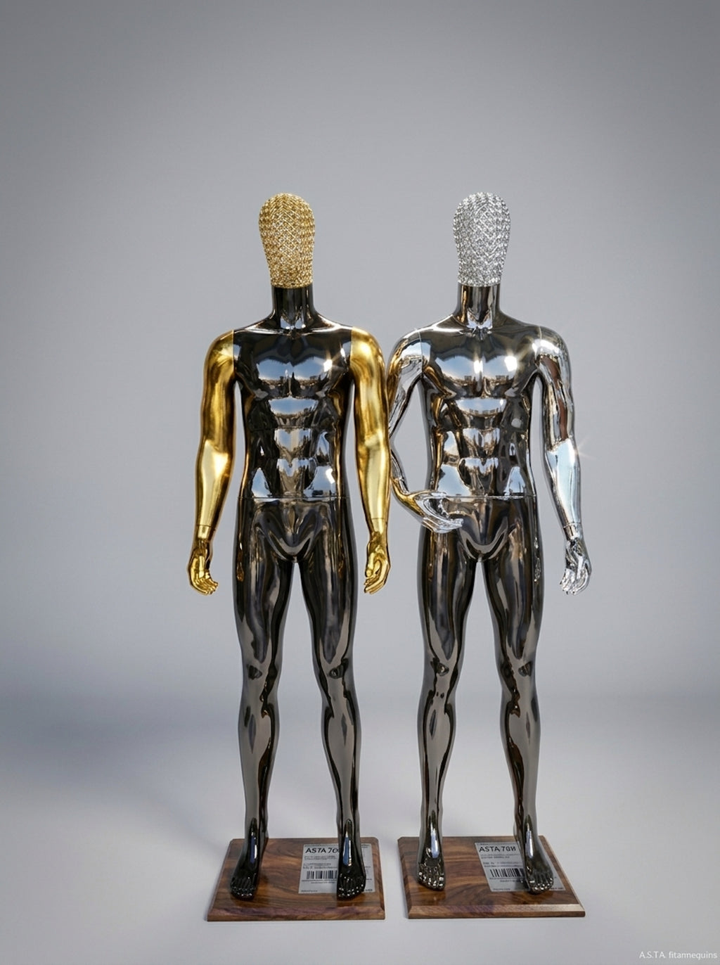Male High-Gloss Black Full-Body Mannequin with Rhinestone Mask and Metallic Arms