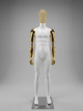 Male Glossy White Full-Body Mannequin with Rhinestone Mask and Gold Metallic Arms