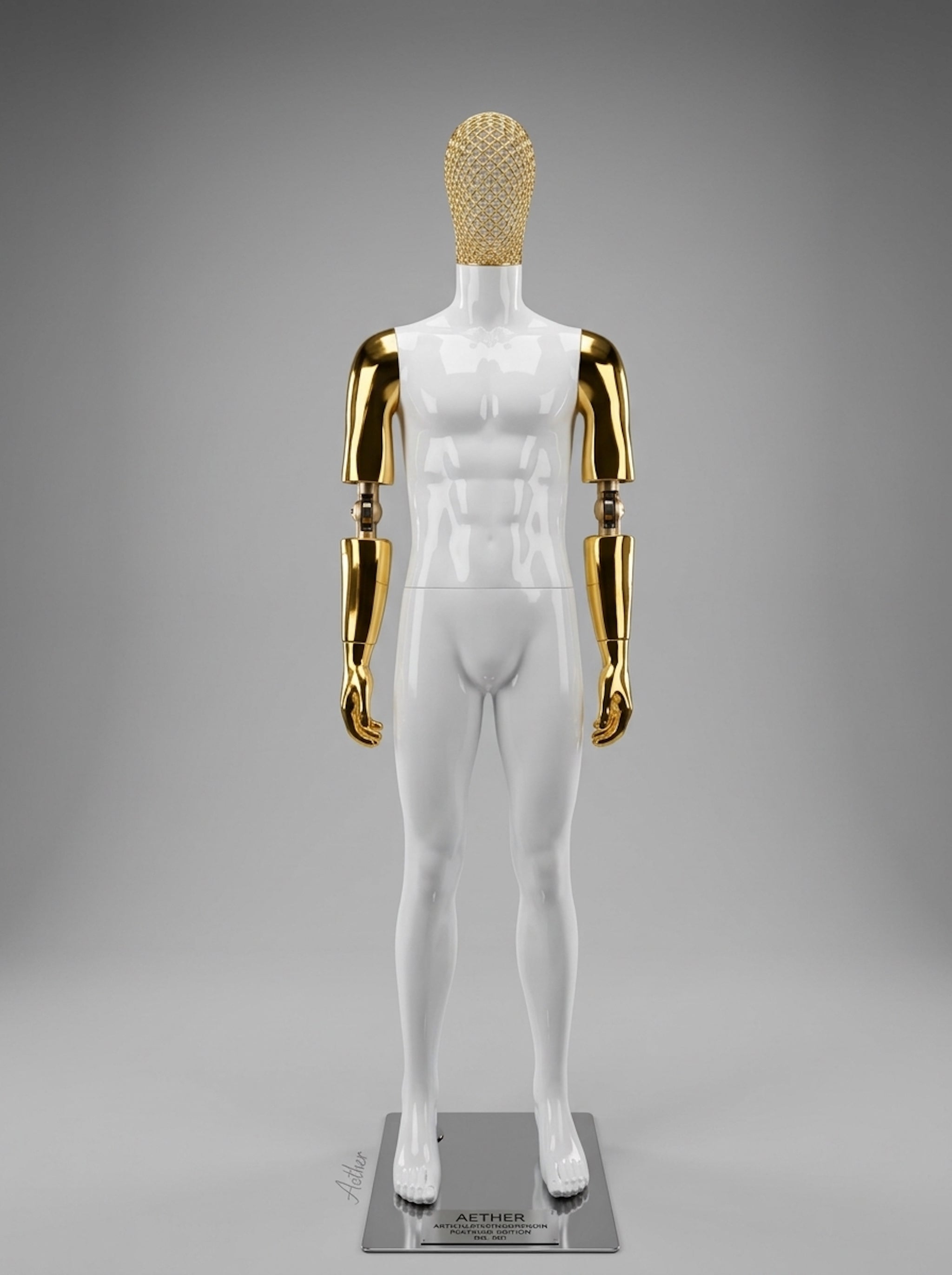 Male Glossy White Full-Body Mannequin with Rhinestone Mask and Gold Metallic Arms