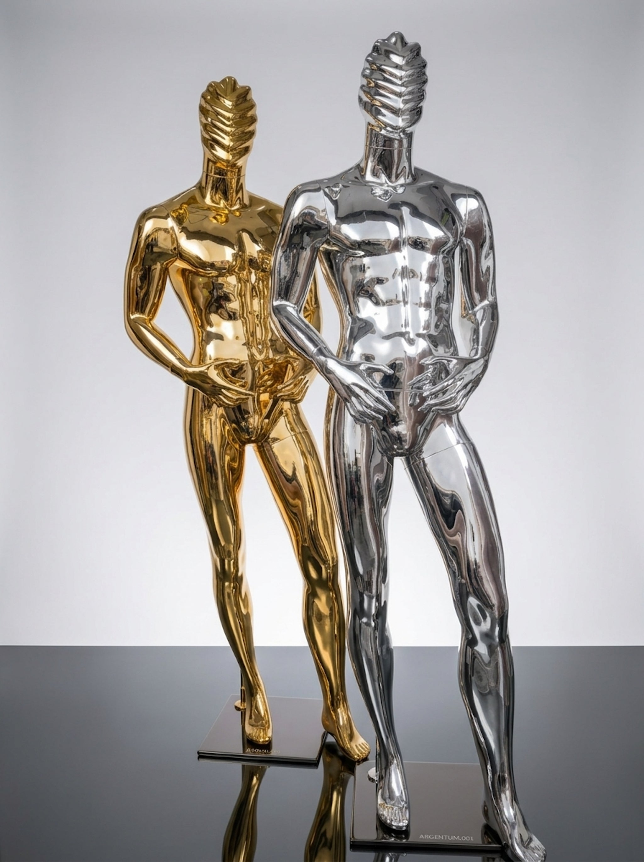 Male Chrome Full-Body Mannequin with Textured Abstract Head (Size: Athletic Fitted / Medium)