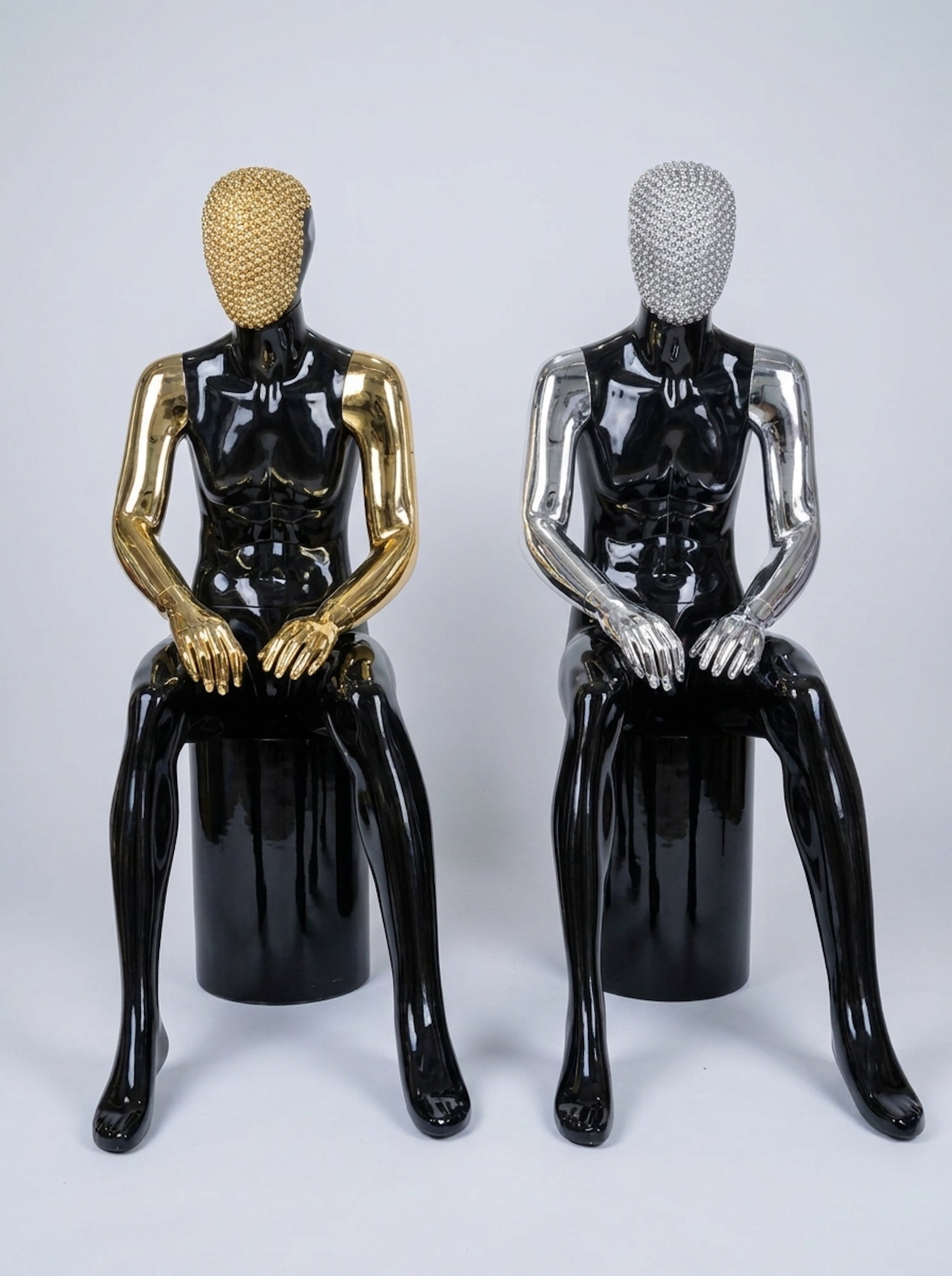 Male High-Gloss Black Sitting Mannequin with Rhinestone Mask and Metallic Arms