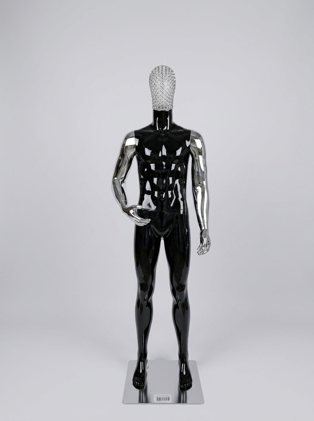 Male High-Gloss Black Full-Body Mannequin with Rhinestone Mask and Metallic Arms