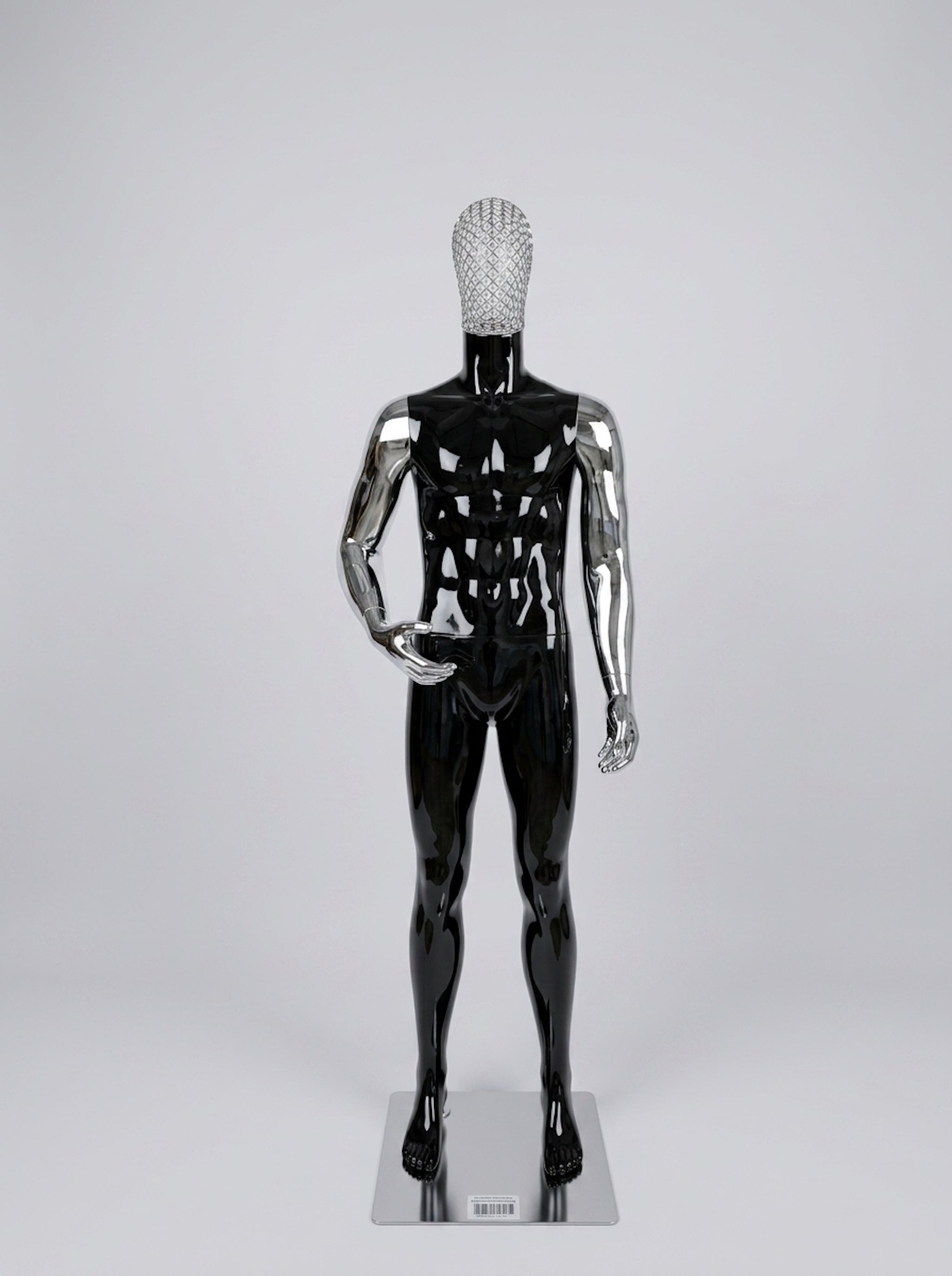 Male High-Gloss Black Full-Body Mannequin with Rhinestone Mask and Metallic Arms