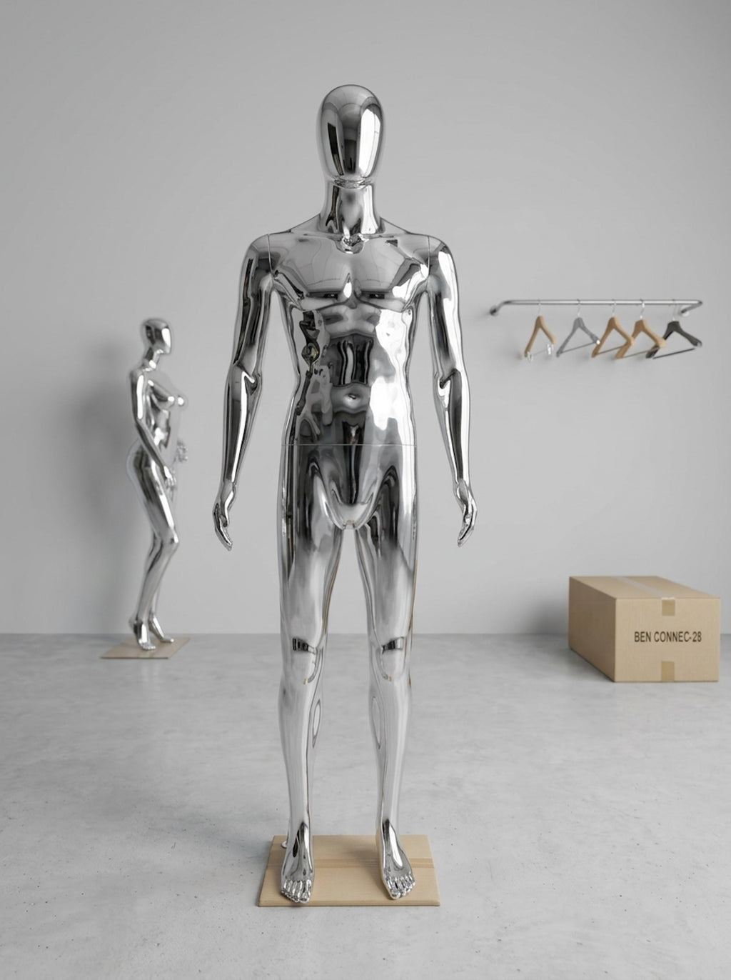 Male Silver Chrome Full-Body Mannequin (Size: Athletic / Medium)