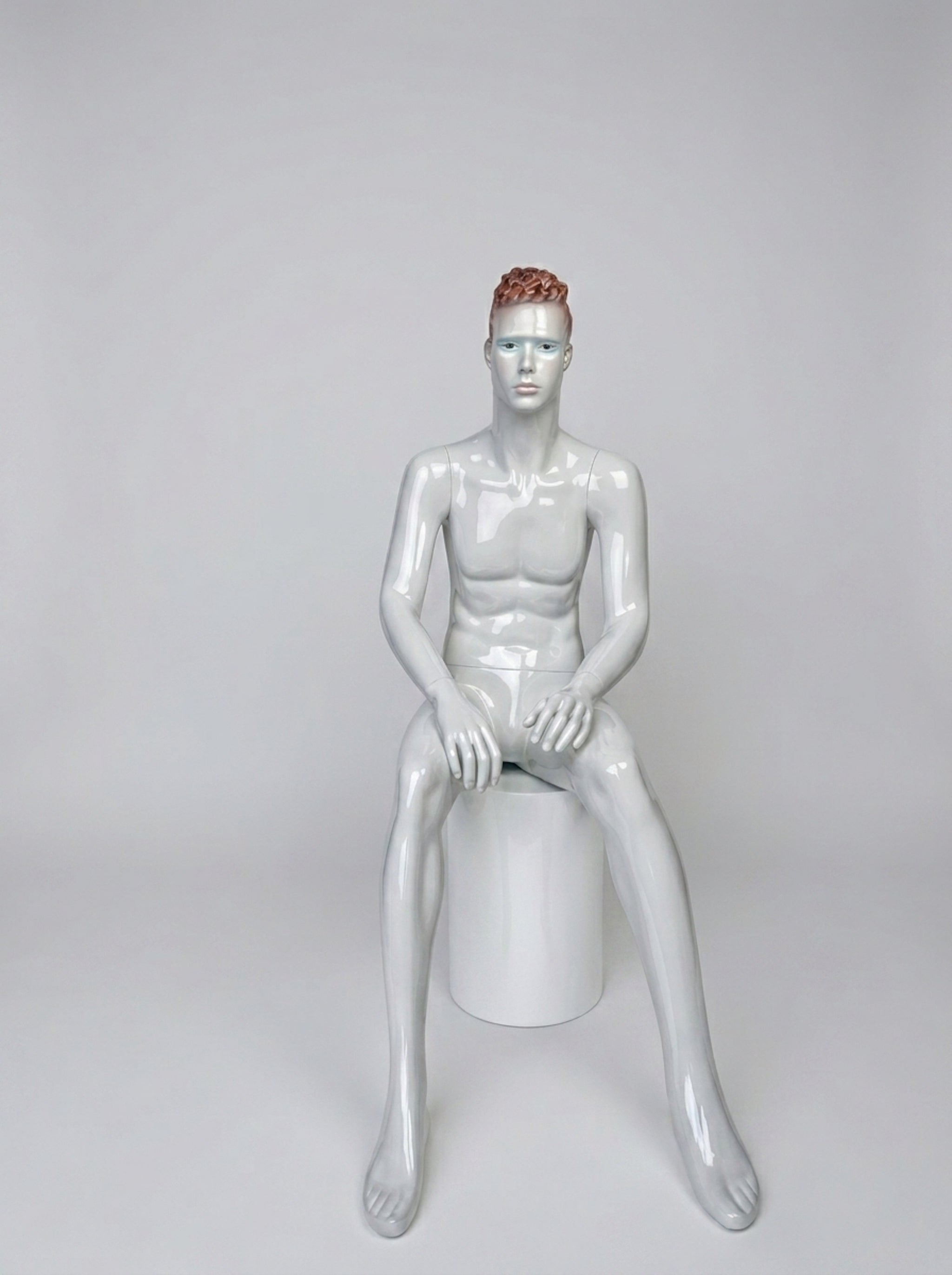 Male Glossy White Sitting Mannequin with Pedestal (Size: Athletic / Medium)