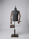 Male Vintage Tailor Torso Mannequin with Articulated Wooden Arms and Display Shelves