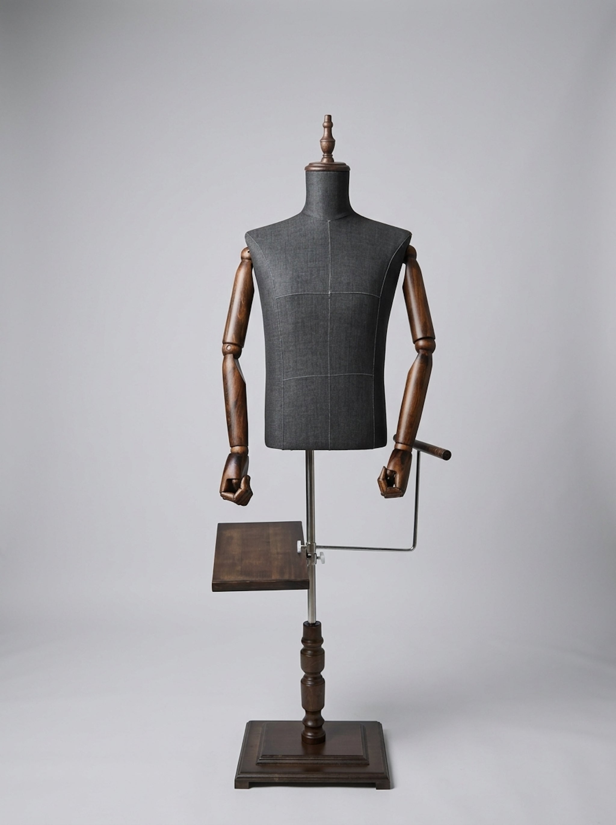 Male Vintage Tailor Torso Mannequin with Articulated Wooden Arms and Display Shelves