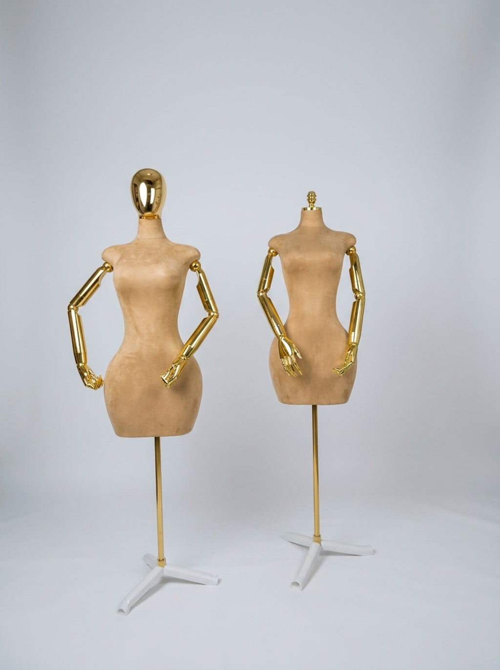Luxury Female Suede Torso Mannequin with Flexible Gold Chrome Arms