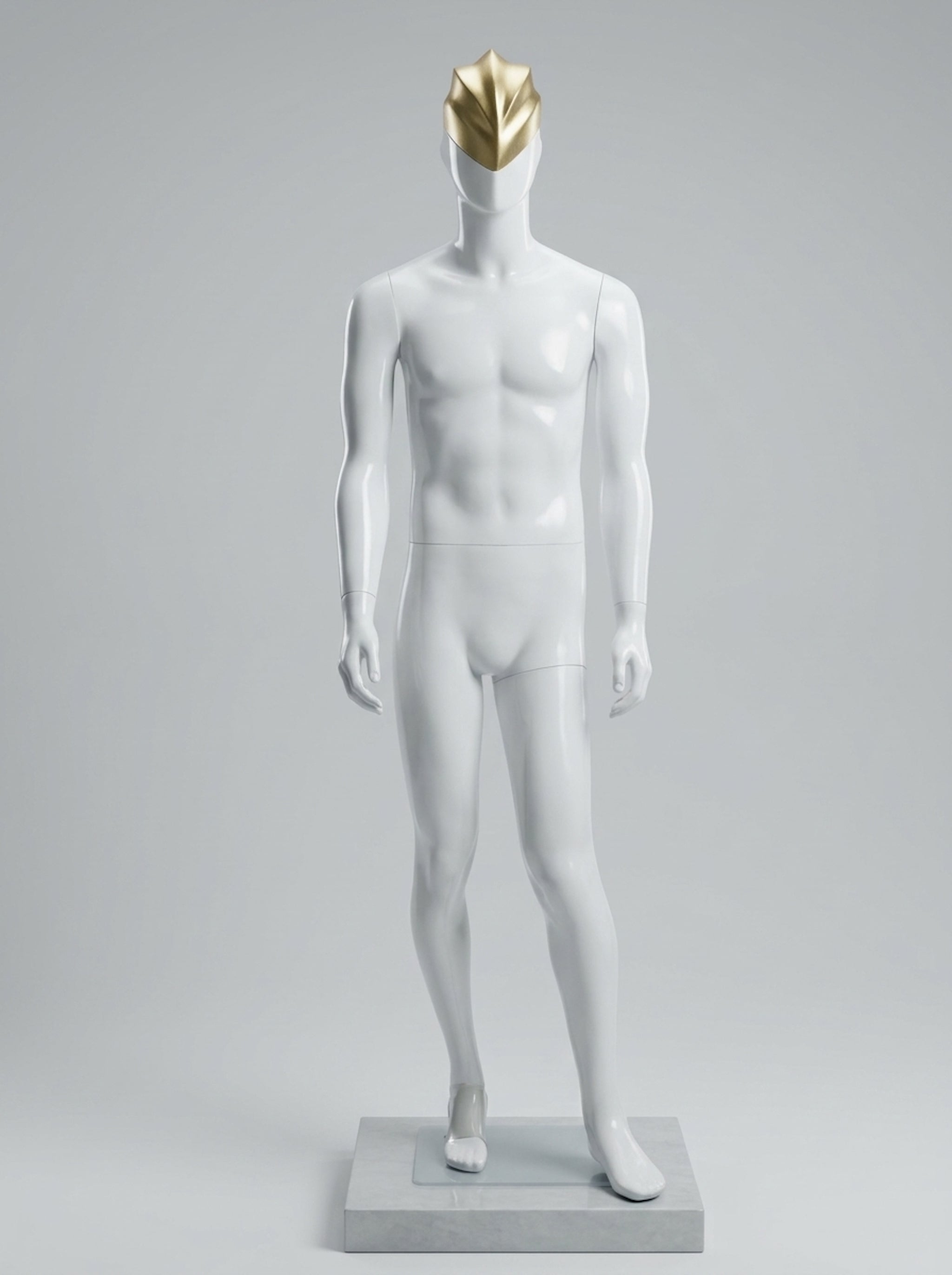 Modern Glossy White Male Mannequin Futuristic Gold Detail