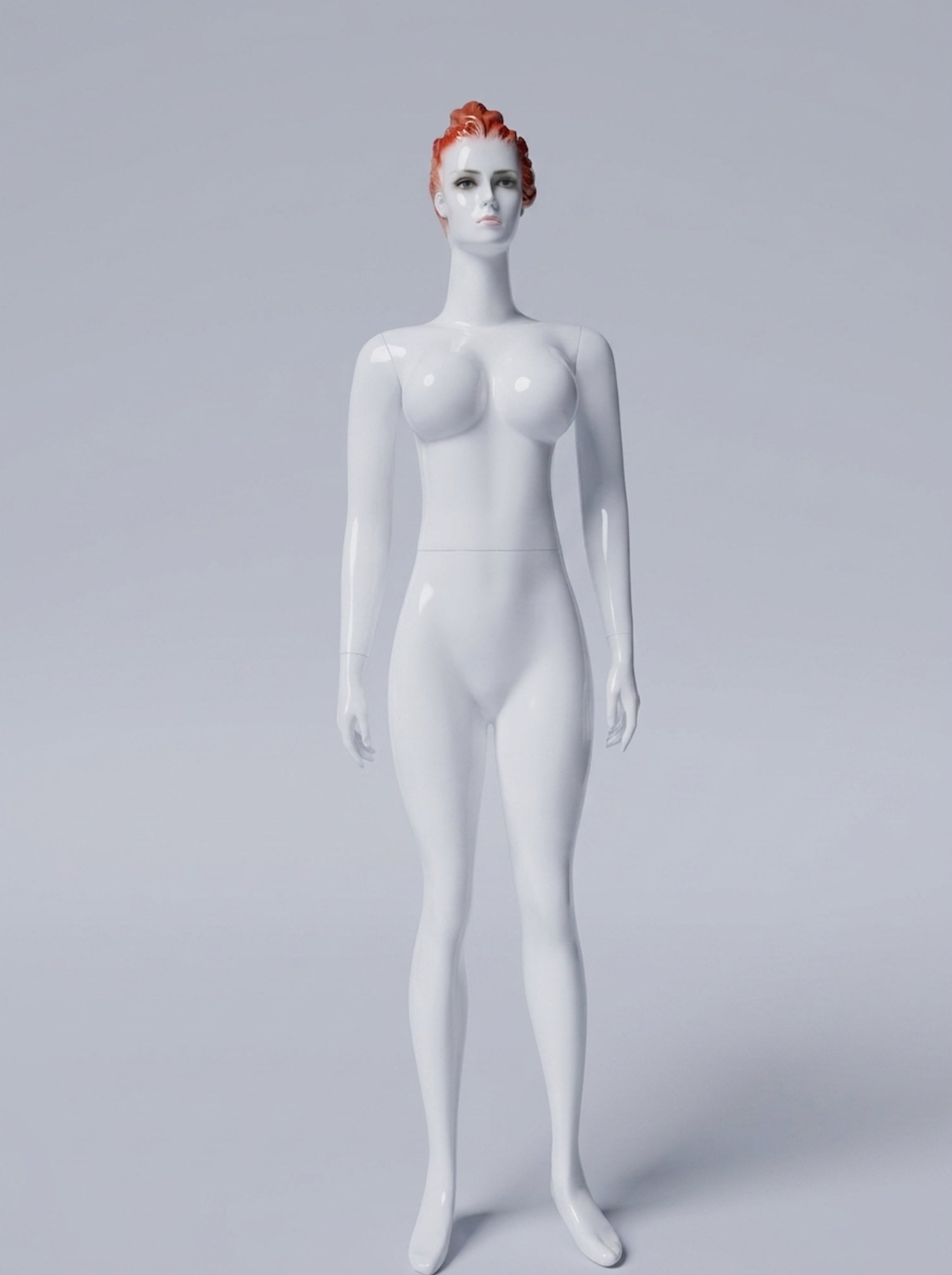 Female Glossy White Full-Body Mannequin with Molded Auburn Hair