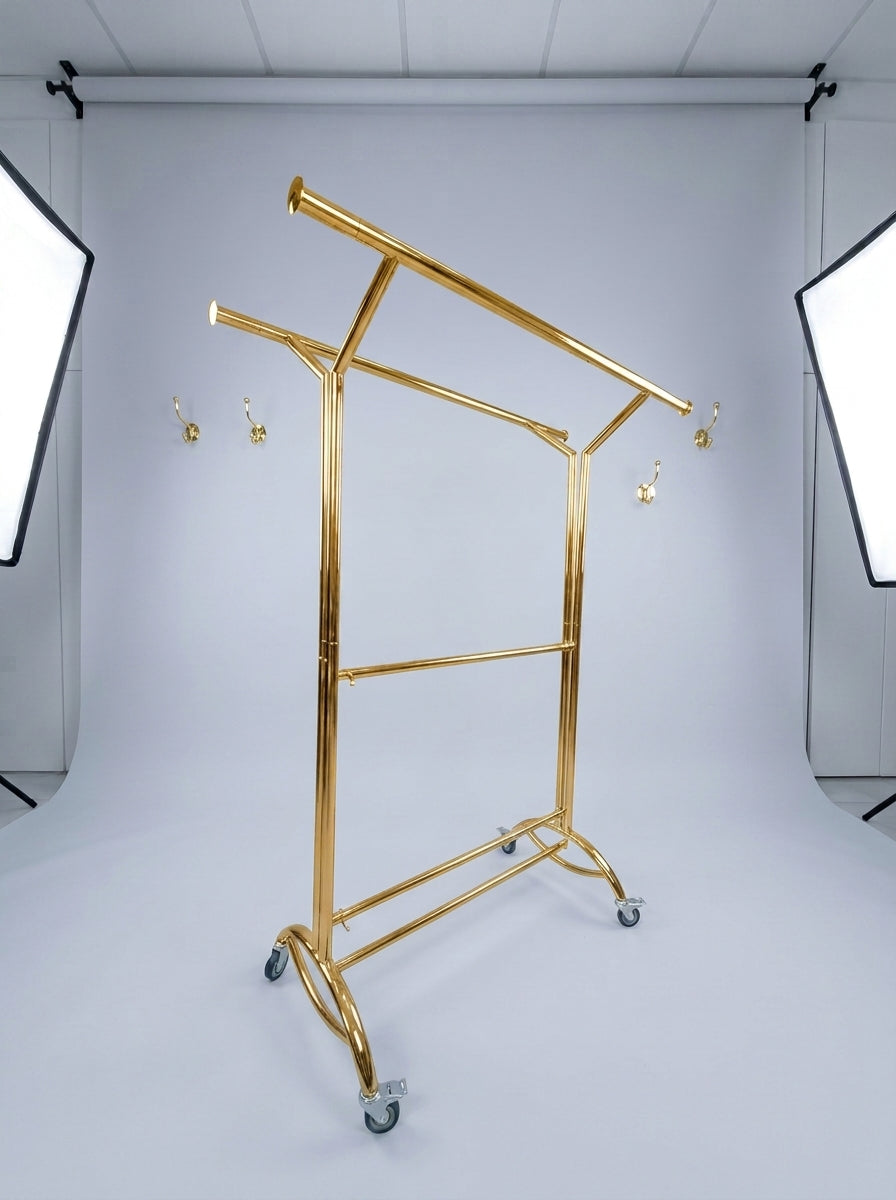 Gold Heavy-Tube Double-Rail Garment Rack on Wheels