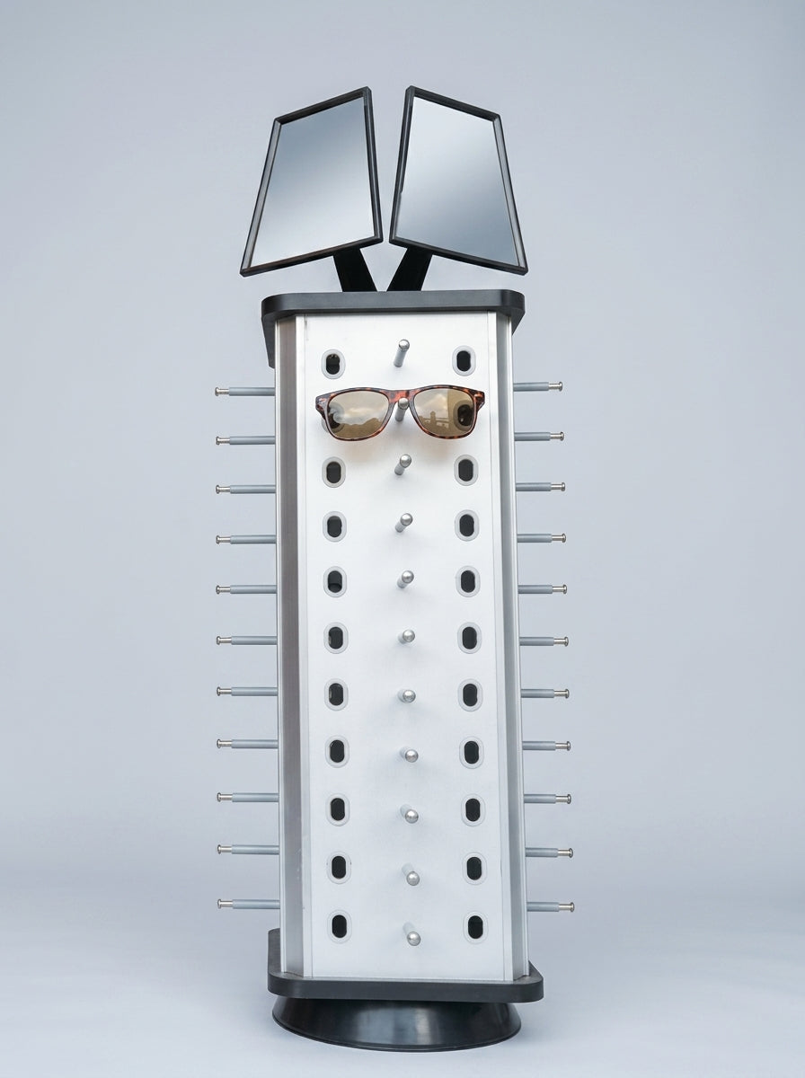 Rotating Eyewear Stand with Dual Mirror – White & Black
