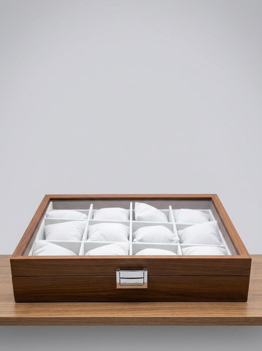Wooden Watch Box 12-Slot Glass Lid
