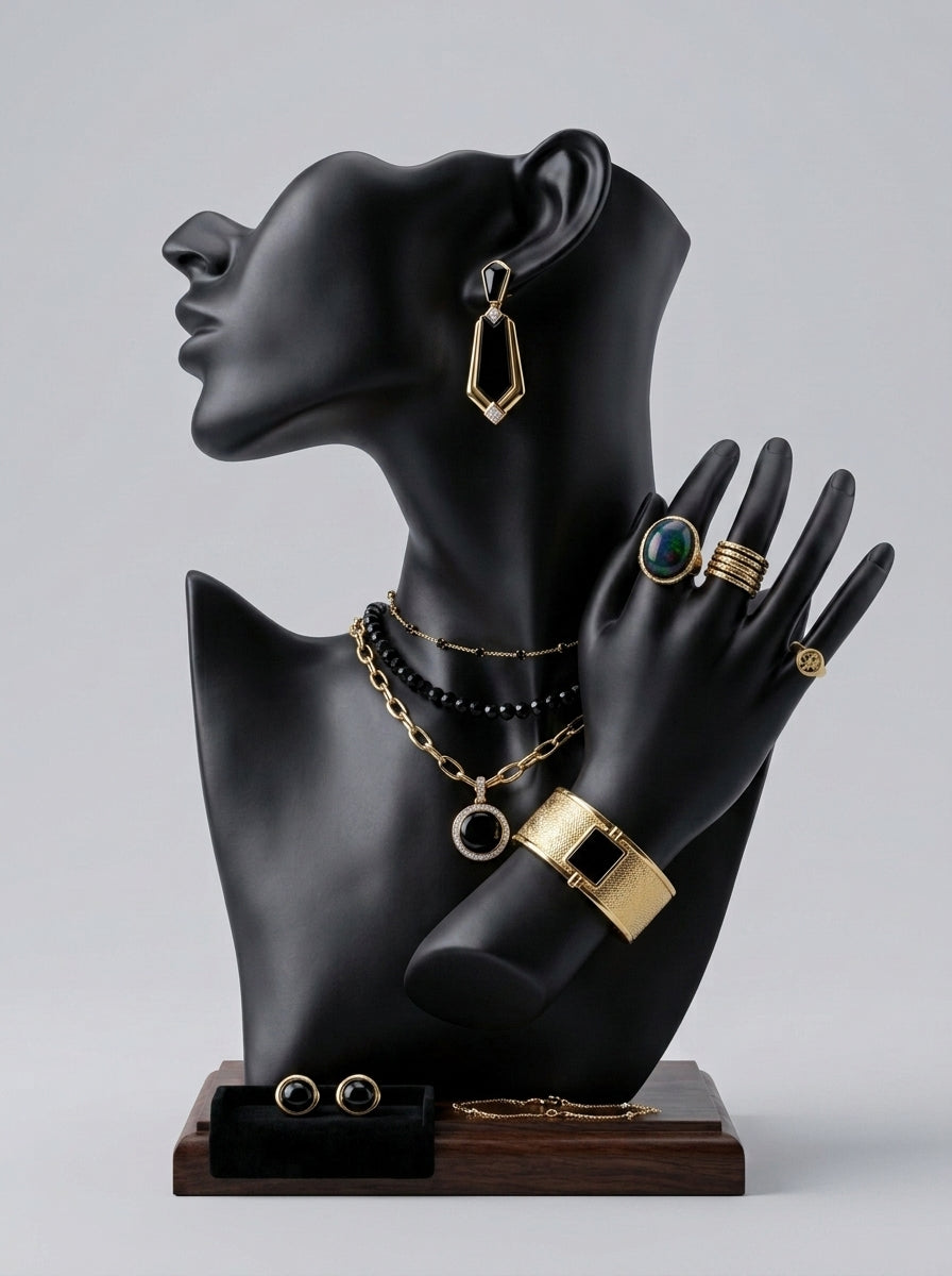 Abstract Face & Hand Bust Mannequin – Matte Black Jewelry Display