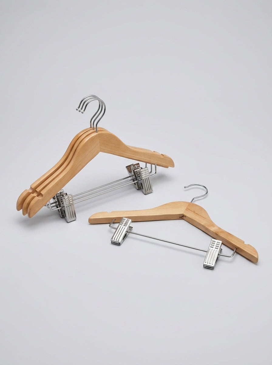 Kids' Premium Wooden Hanger Set (12pcs) – Natural Wood with Metal Clips