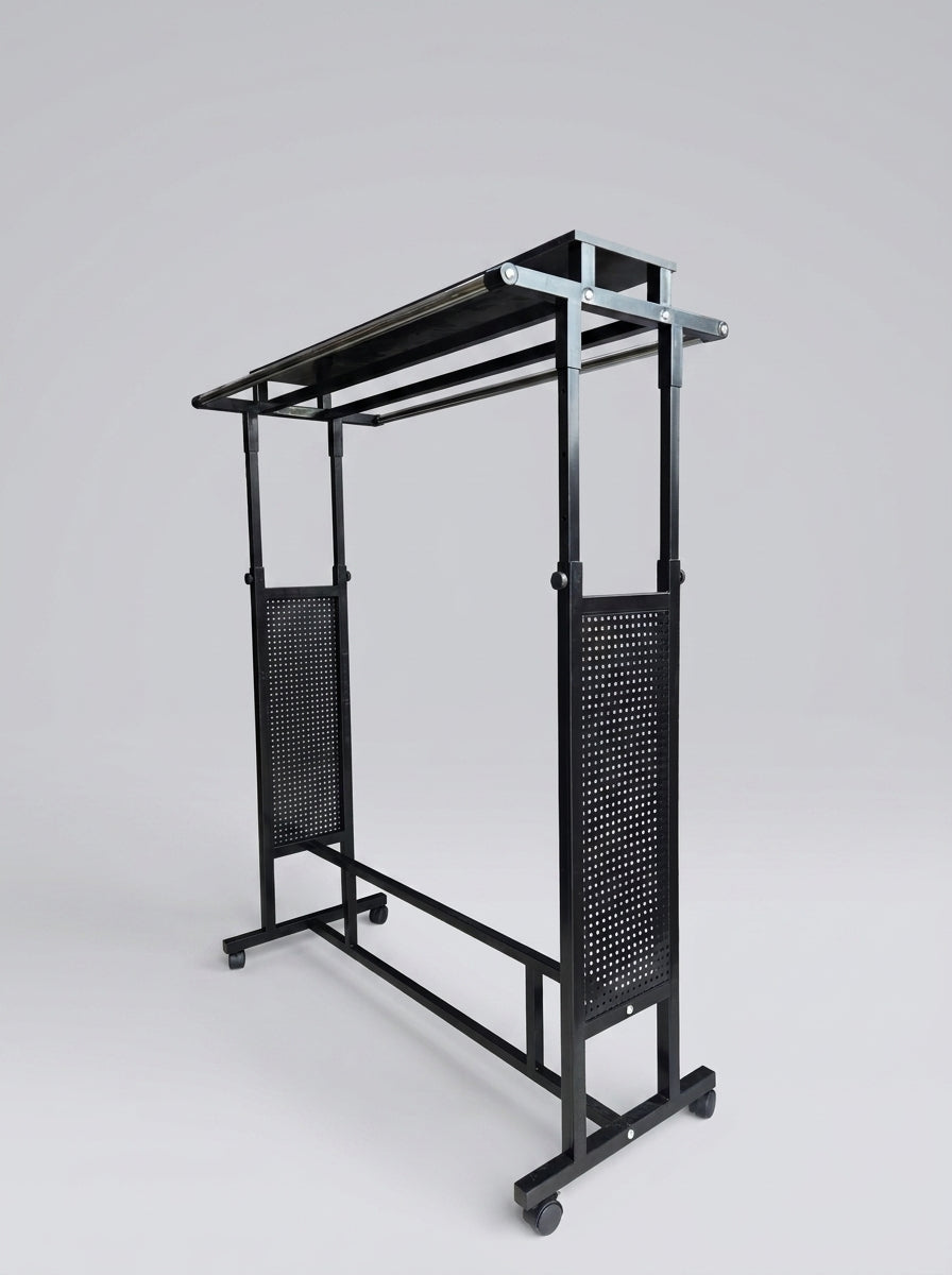 Adjustable Double Rail Garment Display Rack with Perforated Panels