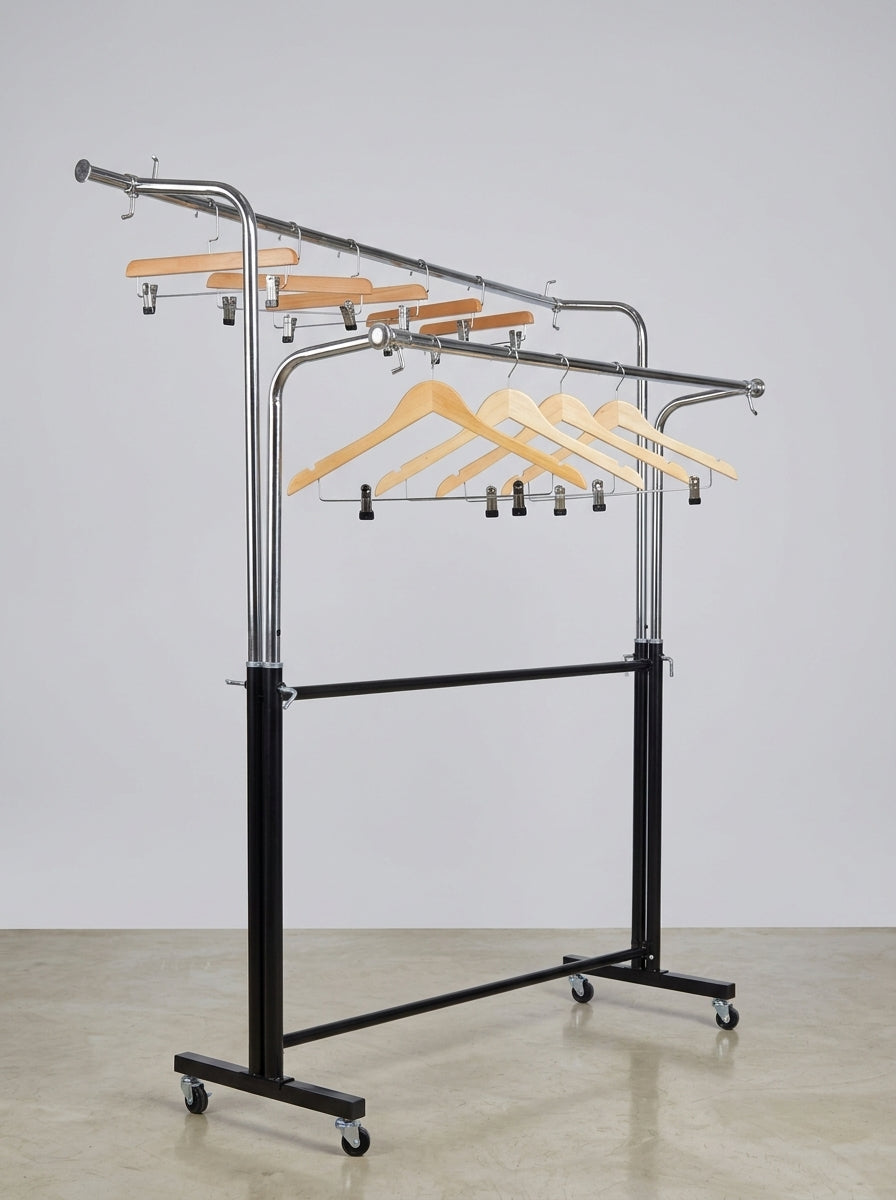 Curated Gentleman's Wardrobe Rack — Double Rail Chrome Garment Stand