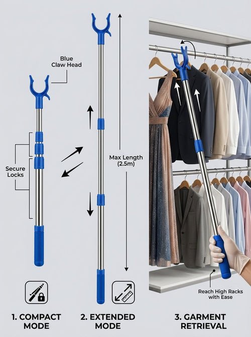 Telescopic Garment Retrieval Pole with Blue Claw Head