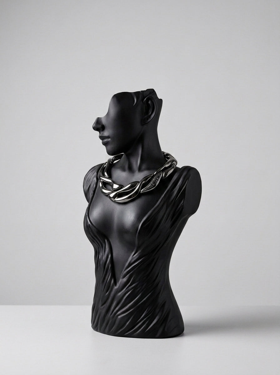 Draped Torso Bust Mannequin – Matte Black Jewelry & Necklace Display