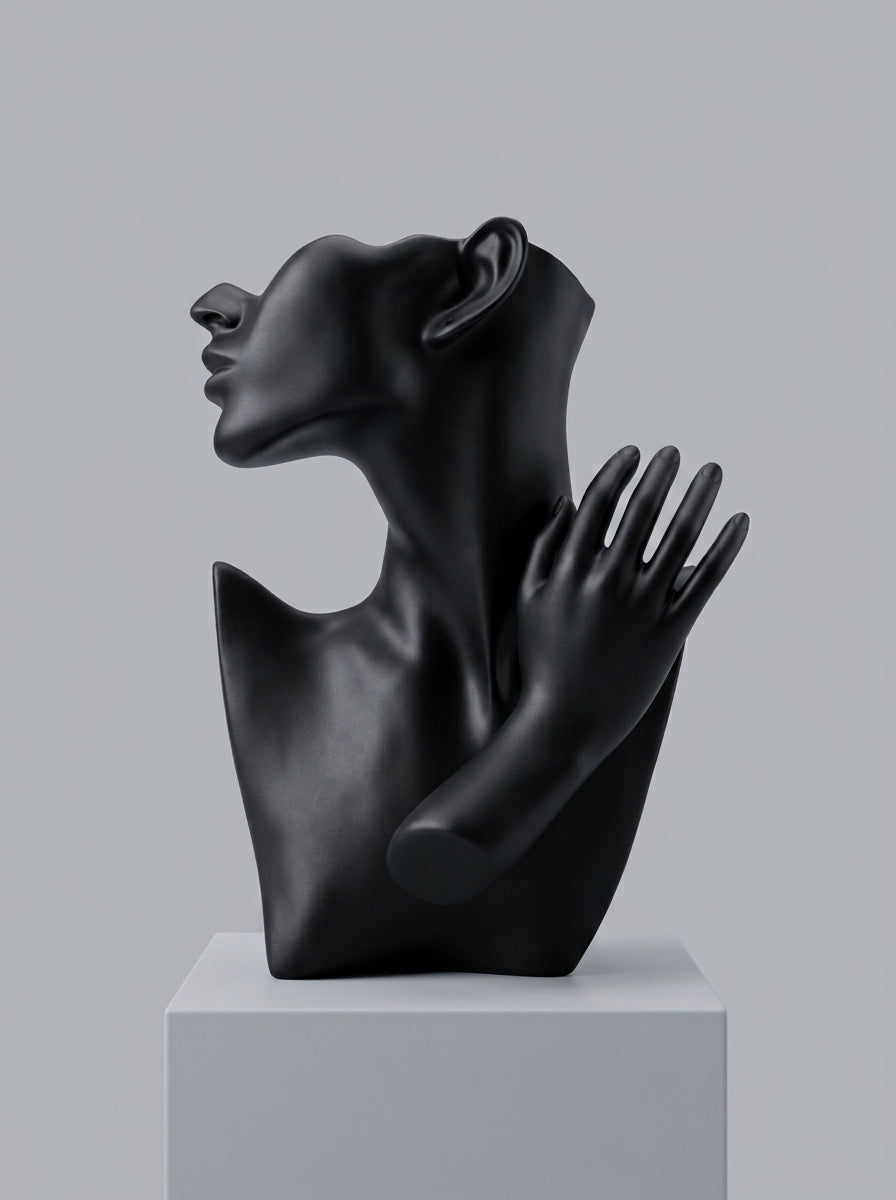 Abstract Face & Hand Bust Mannequin – Matte Black Jewelry Display