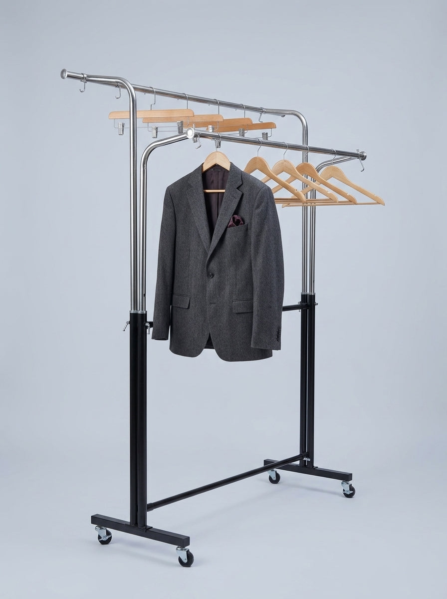 Curated Gentleman's Wardrobe Rack — Double Rail Chrome Garment Stand