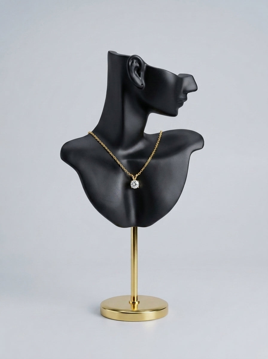 Abstract Face Bust Mannequin on Gold Stand – Matte Black Jewelry Display
