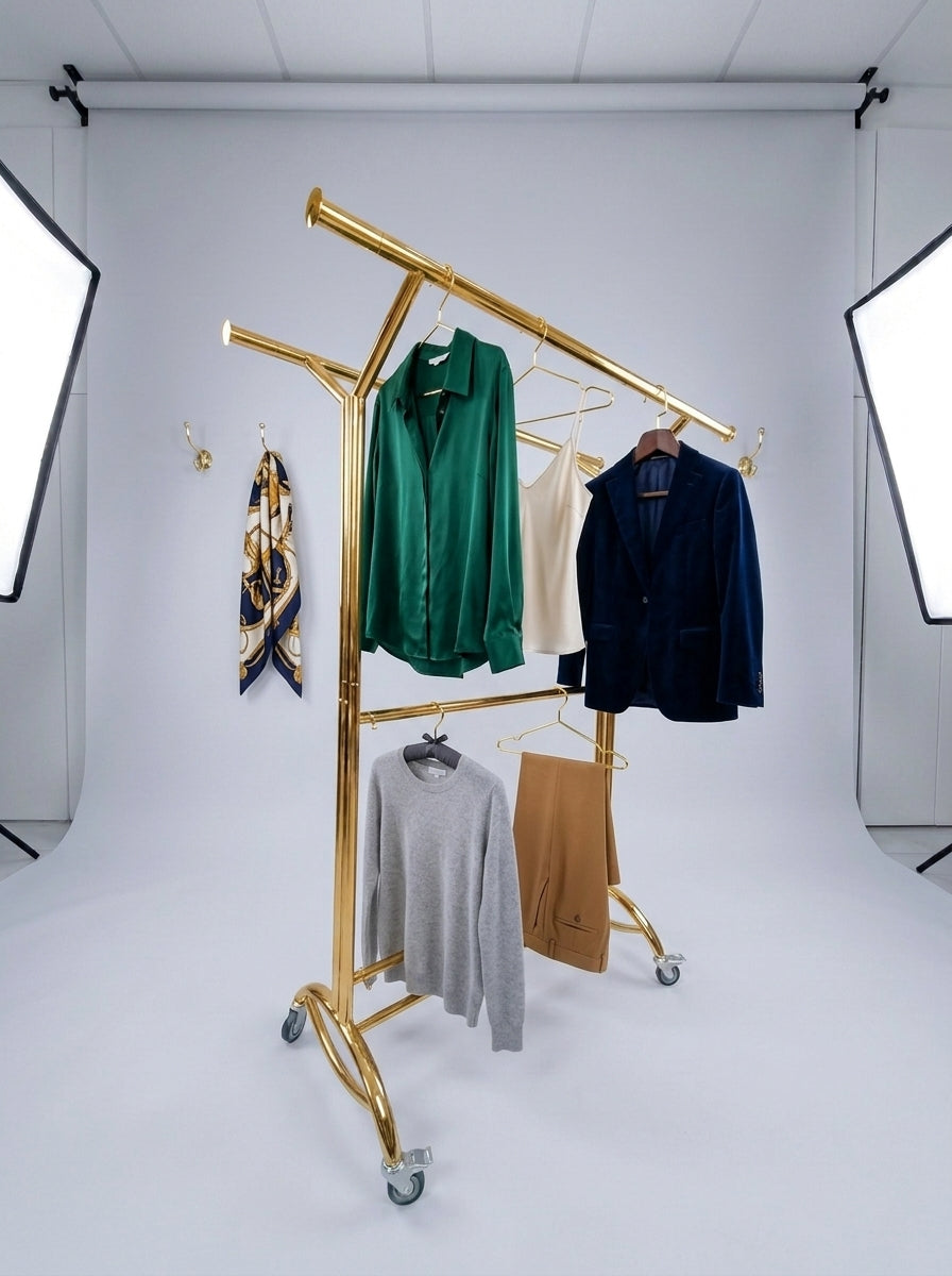 Gold Heavy-Tube Double-Rail Garment Rack on Wheels