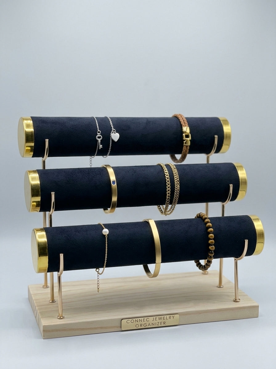 3-Tier Velvet T-Bar Bracelet, Bangle & Watch Display Stand (Gold Caps – Wood Base)