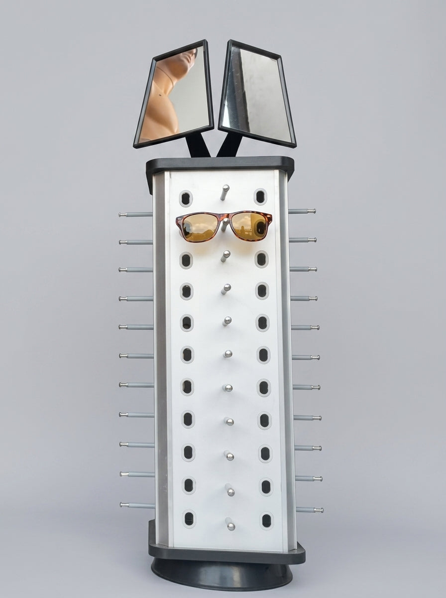 Rotating Eyewear Stand with Dual Mirror – White & Black