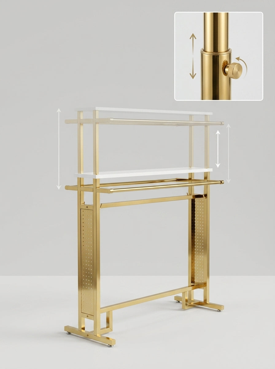Height-Adjustable Gold Garment Rack with Integrated Tabletop