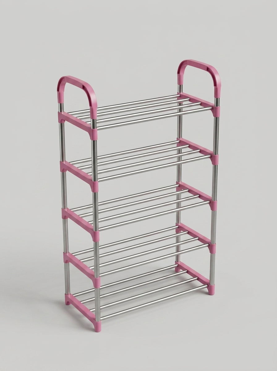 Pink & Stainless Steel 5-Tier Shoe Rack