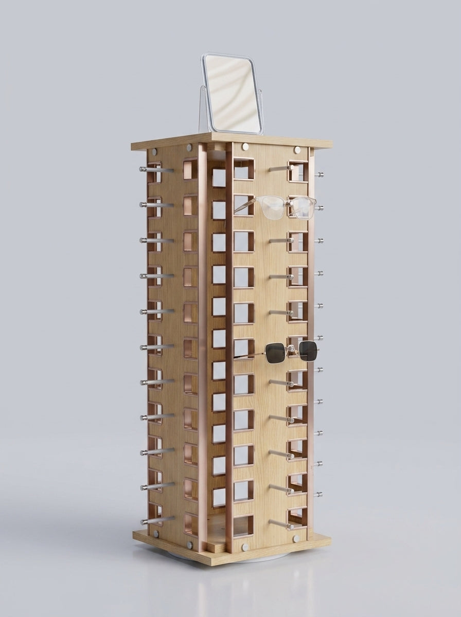 Rotating Eyewear Tower with Mirror – Wood
