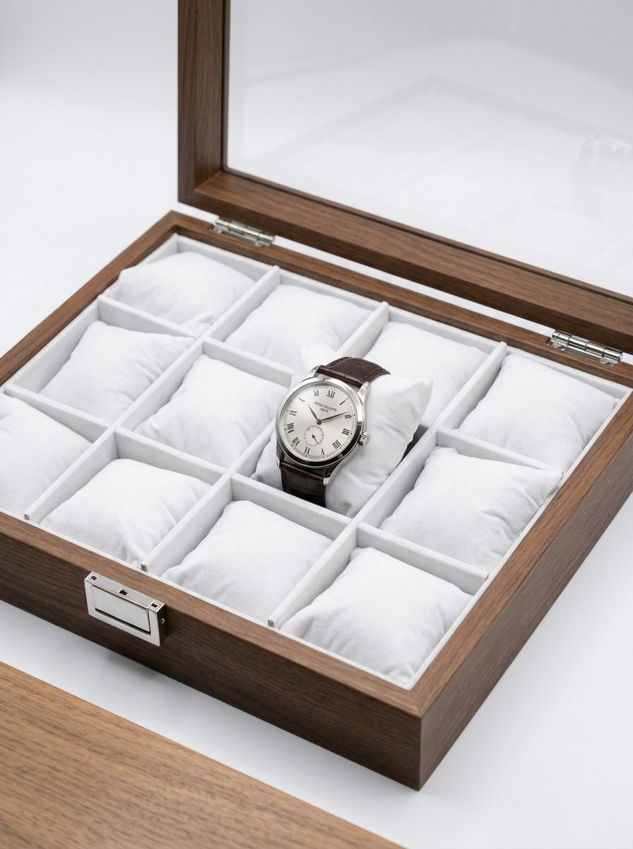 Wooden Watch Box 12-Slot Glass Lid