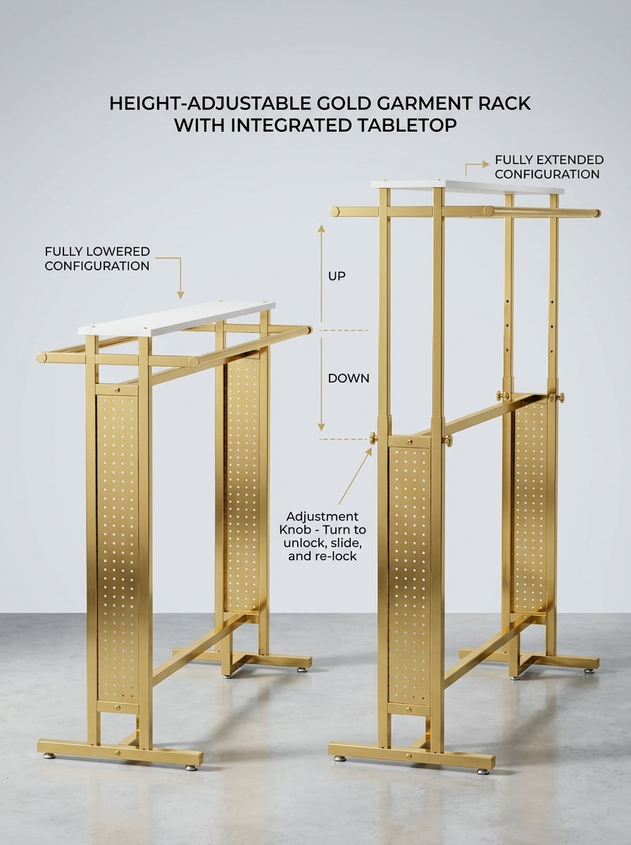 Height-Adjustable Gold Garment Rack with Integrated Tabletop