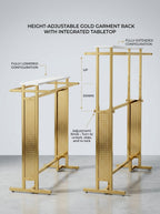 Height-Adjustable Gold Garment Rack with Integrated Tabletop