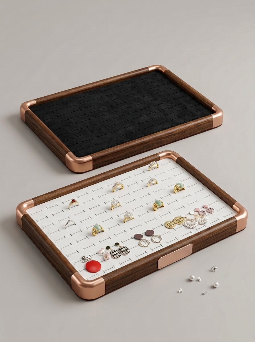 Black Velvet Ring & Earring Display Tray with Wood & Gold Frame