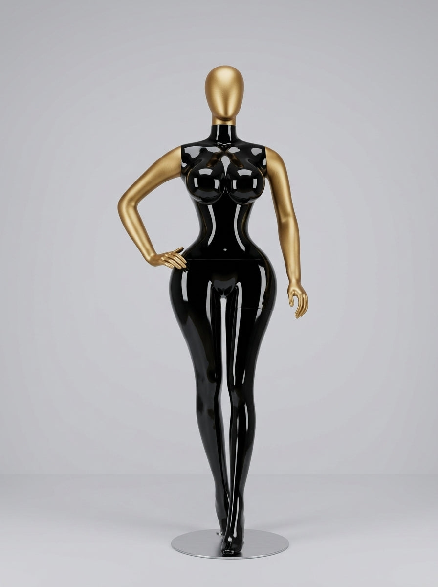 Connec High-Gloss Obsidian & Gold Chrome Female Mannequin (Curvy — Standing)