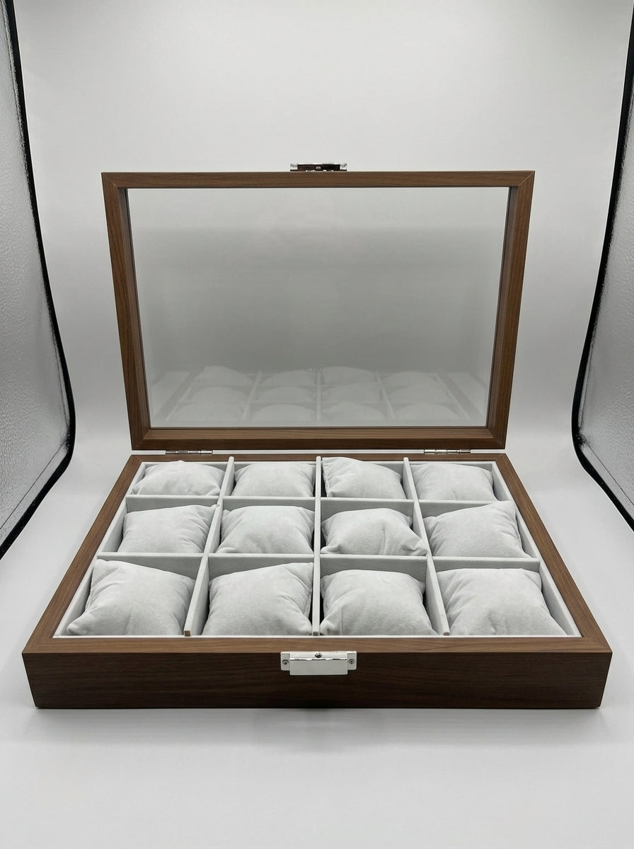 Wooden Watch Box 12-Slot Glass Lid