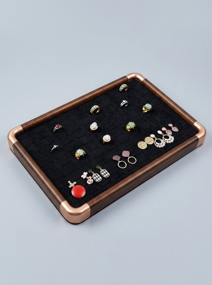 Black Velvet Ring & Earring Display Tray with Wood & Gold Frame