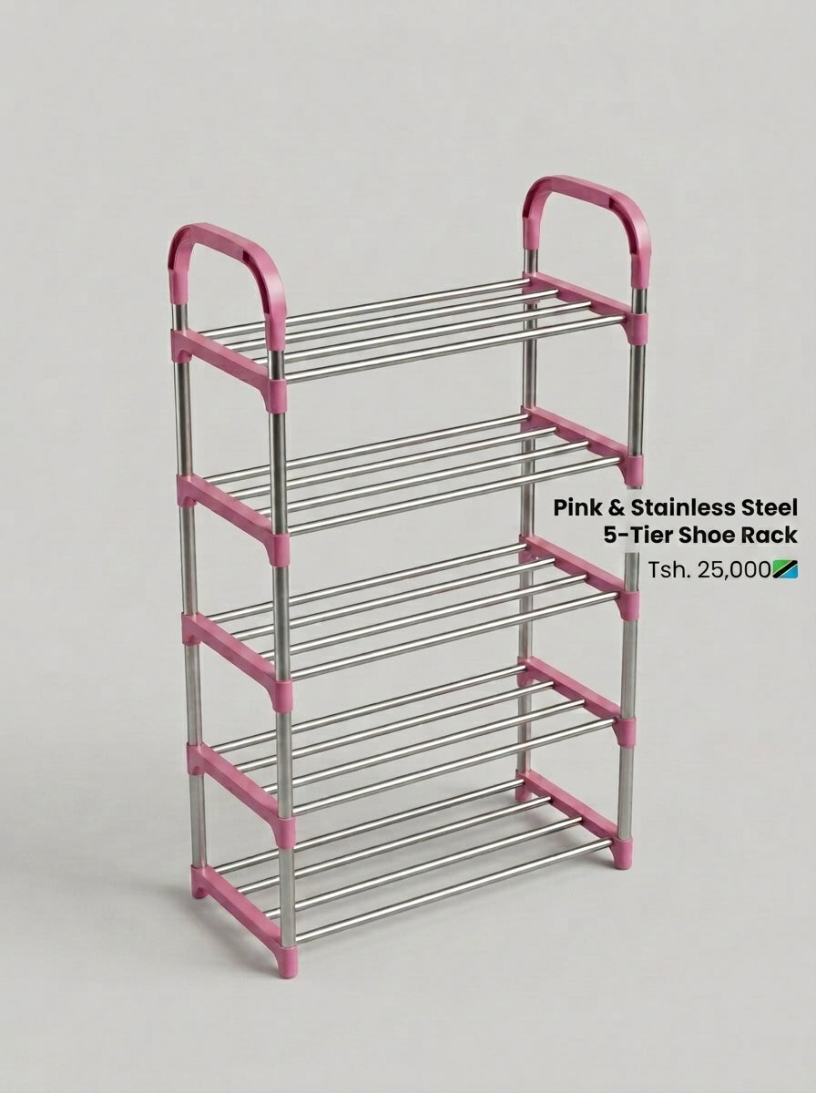 Pink & Stainless Steel 5-Tier Shoe Rack