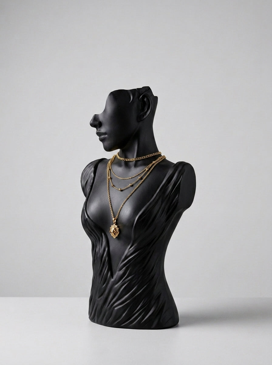 Draped Torso Bust Mannequin – Matte Black Jewelry & Necklace Display
