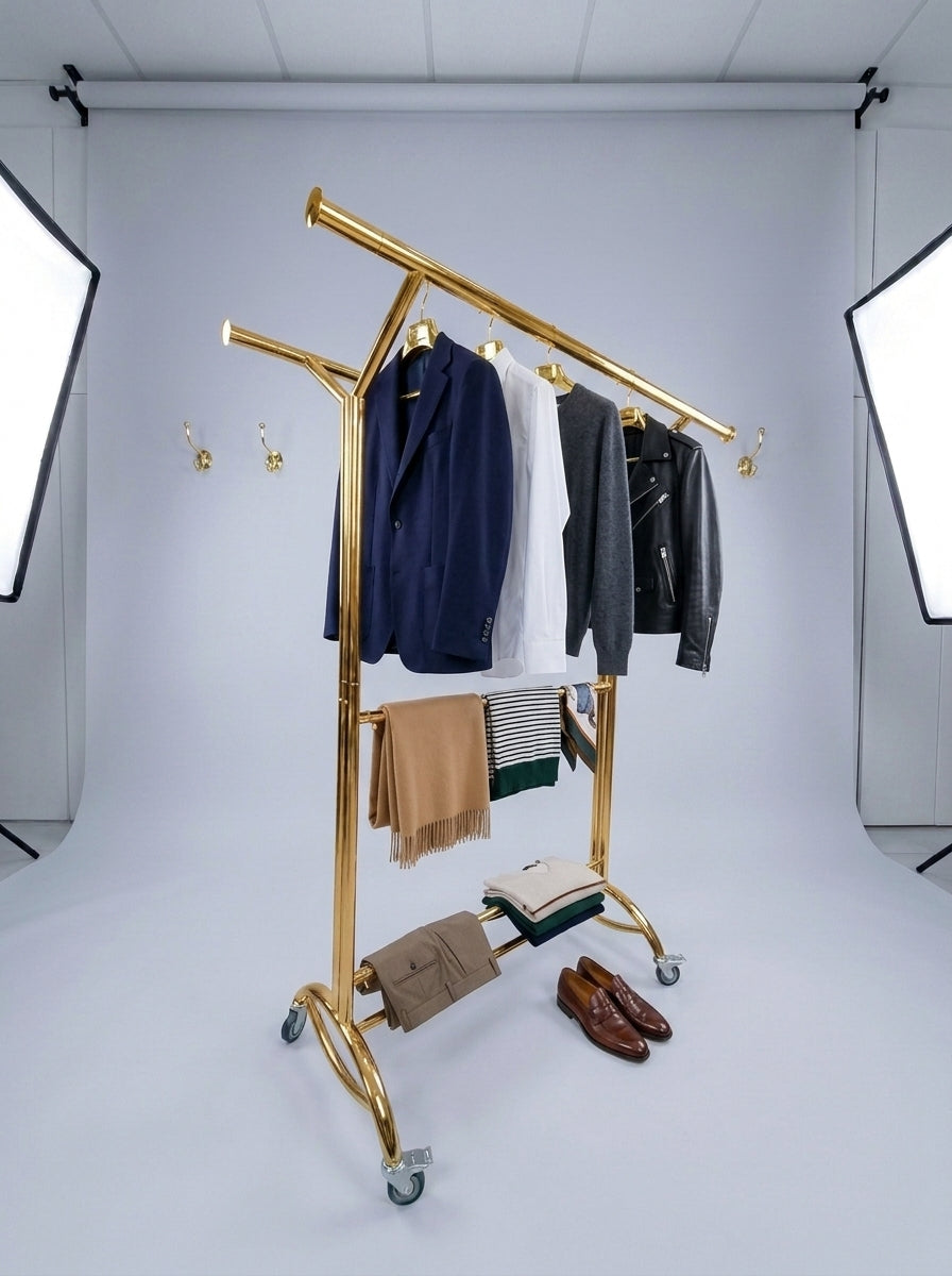 Gold Heavy-Tube Double-Rail Garment Rack on Wheels